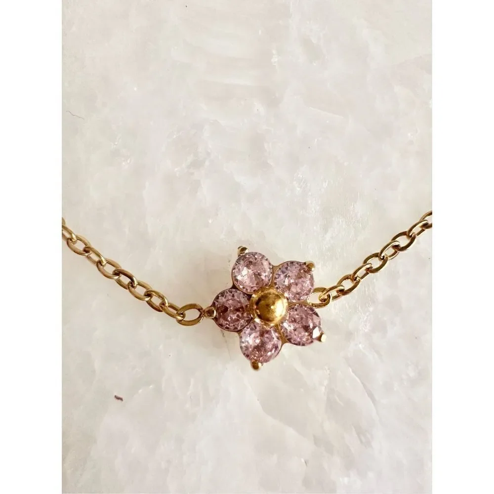 Delicate light pink cubic zirconia flower chain bracelet